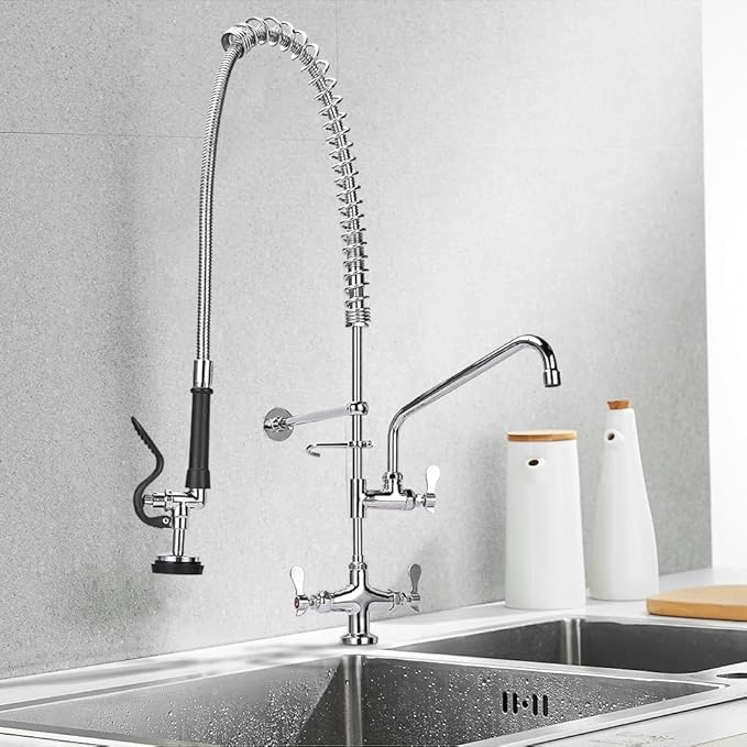 36 Inch Height Deck Mount Commercial Faucet with Pre Rinse Sprayer, Single Hole Commercial Pre Rinse Restaurant Kitchen Faucet with 12” Swing Spout for Commercial Restaurant Home Kitchens Sink