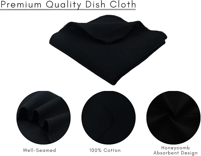 PurpleEssences Dish Cloths and Dish Rags - 6 Pack Waffle Weave Solid Kitchen Dish Wash Cloths, 100% Cotton, 12 x 12 Inches, Ultra Soft Absorbent Quick Drying - Christmas Holiday Winter - Black