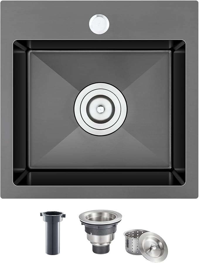 18 inch Drop-in Black Kitchen Sink, Topmount Small Kitchen Sink Single Bowl, Overmount 304 Stainless Steel Kitchen Bar Sink, 9-inch Deep Kichen Sink Handmade with Basket Strainer