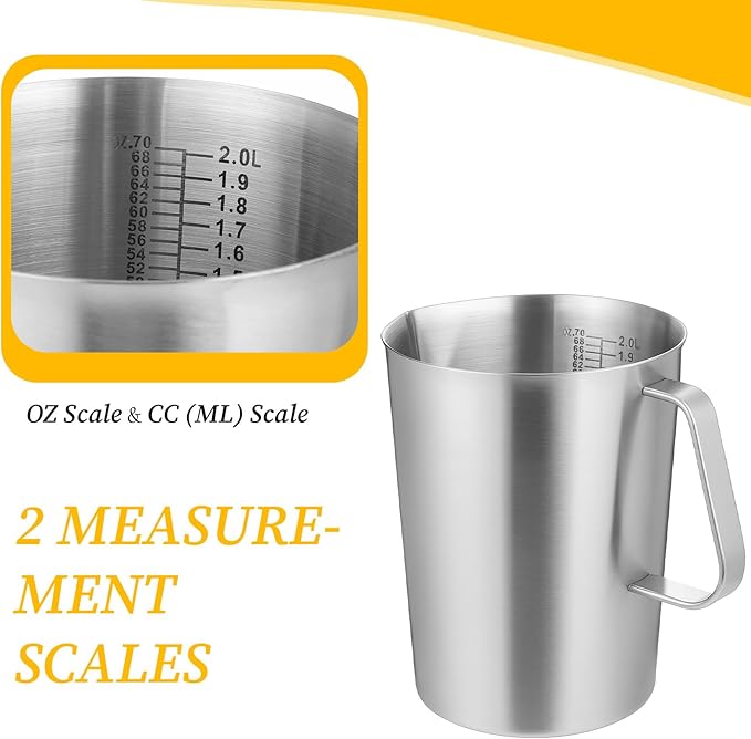 Stainless Steel Measuring Cup with Handle and Pour Lip, 2000ml 70OZ Metal Pitcher with Oz And ML Marking, Heavy-Duty Milk Frothing Jug for Coffee Latte Art, Commercial and Home Kitchen