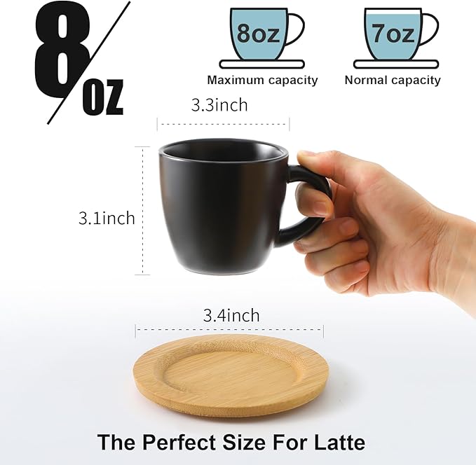 Hasense 8 oz Cappuccino Cups with Saucers set of 6, Porcelain Coffee Mugs Latte Mugs with Handle Perfect for Double Shot, Americano, Milk and Tea, Black