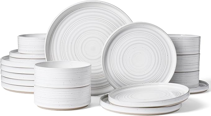 Stoneware Dinnerware Sets, Dish Set for 6, 18 Pieces Spiral Dishware Set with Straight Rim, Speckles & Reactive Glaze - Microwave and Dishwasher Safe Tableware, White