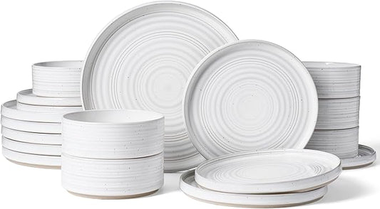 Stoneware Dinnerware Sets, Dish Set for 6, 18 Pieces Spiral Dishware Set with Straight Rim, Speckles & Reactive Glaze - Microwave and Dishwasher Safe Tableware, White