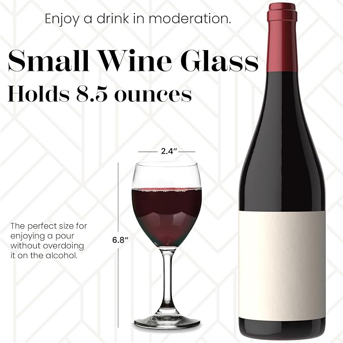 Vikko 8.5 Ounce Small Wine Glasses, Set of 6, Clear Glass, Durable Stem, Dishwasher Safe