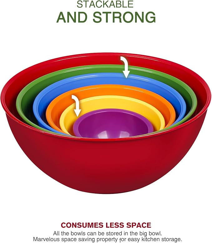 6-Piece Plastic Mixing Bowl Set with Lids for Kitchen, Nesting Storage Bowls for Baking, Prepping,Cooking and Serving Food, Dishwasher, Microwave Safe,Great for Mixing & Serving(6 Set-Red)
