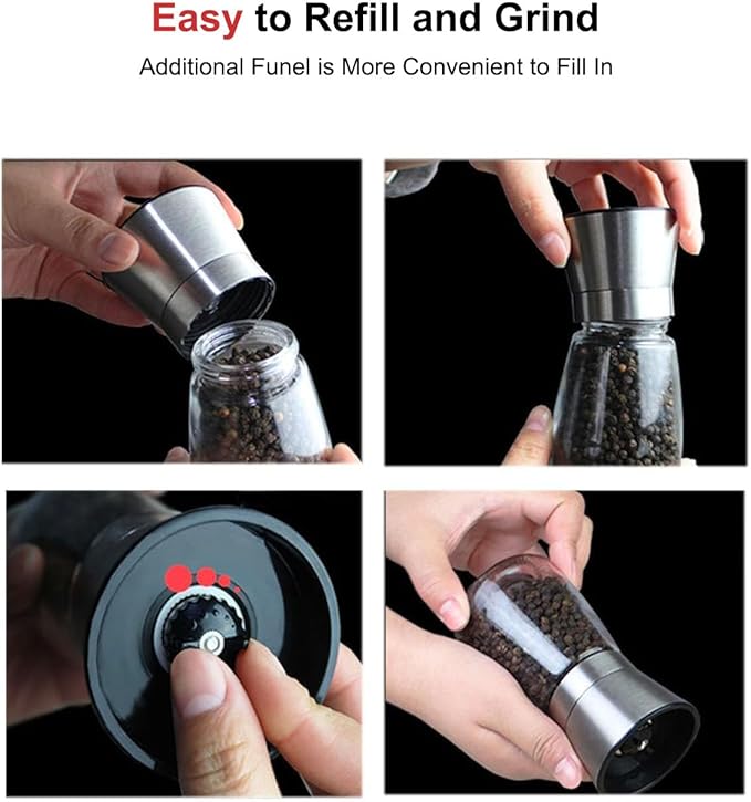 Pepper Grinder Salt Grinder, 8inch Stainless Steel Pepper Mill w/Adjustable Coarseness, Refillable Salt with Funnel, Cleaning Brush, Manual Pepper Grinder for Black Peppercorns