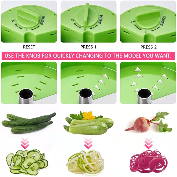 3 in 1 Vegetable Spiralizer Slicer, Adjustable Zucchini Carrot Noodle Maker, Cucumber Spiral Cutter, Easy to Use Kitchen Tool（Green）