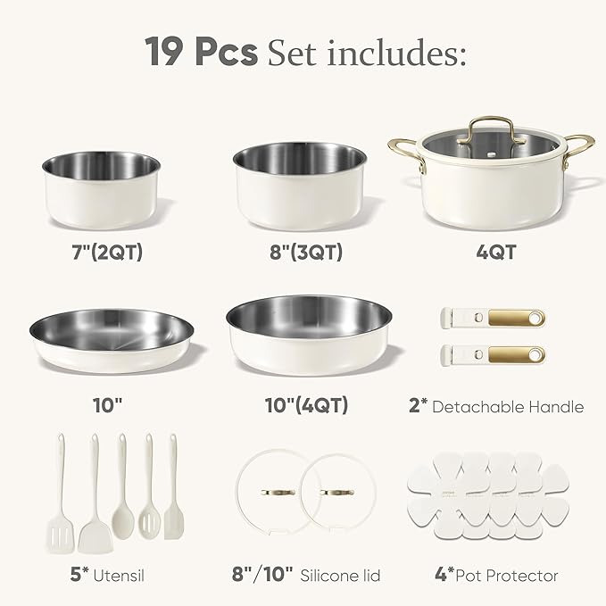 CAROTE 19pcs Tri-Ply Stainless Steel Cookware Set with Detachable Handle, Pots and Pans Set, Induction Kitchen Cooking Sets, RV/Camping Cookware, Outer Ceramic Layer, Oven Safe, Cream White