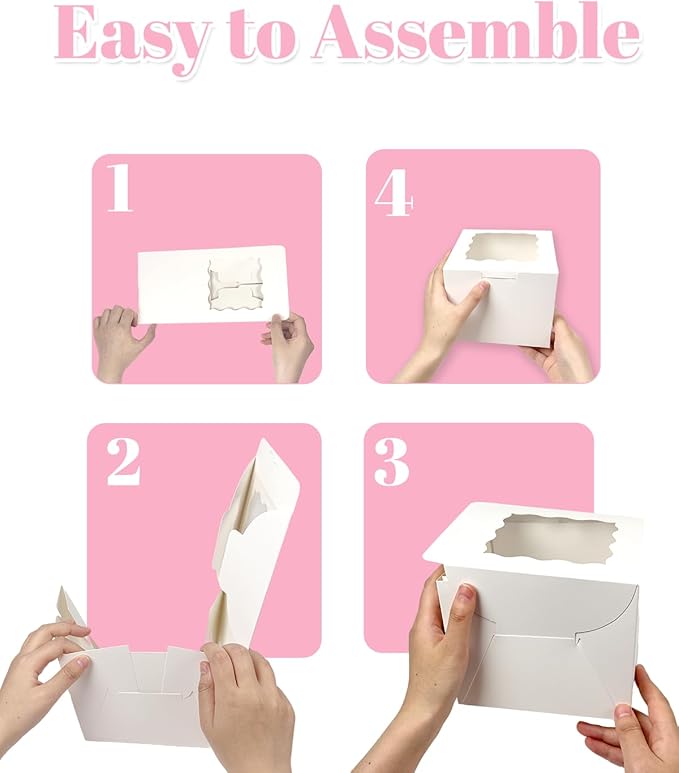 Bakepacker 36pcs 6x6x5 Inches with Window 18-Packs White 6 Inch Bakery Boxes (18 Cake Boxes +18 Cake Boards + 10 Meters Silk Ribbon Includes Included)