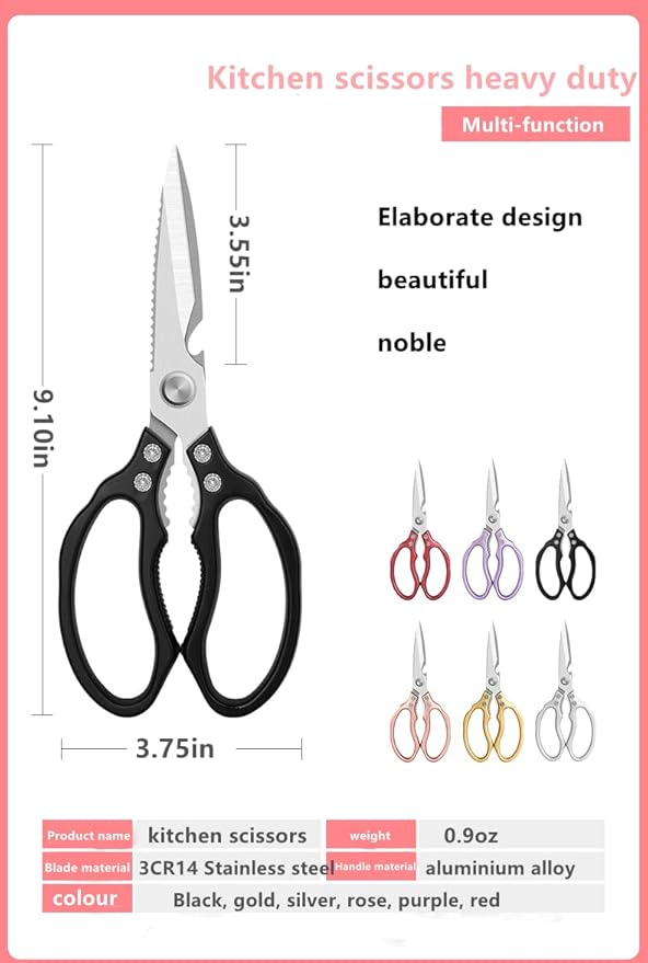 Heavy Duty Sharp Kitchen Scissors, Dishwasher Safe, Cooking Shears for Meat, Chicken, Fish, Poultry, Herb, Bread (Black)