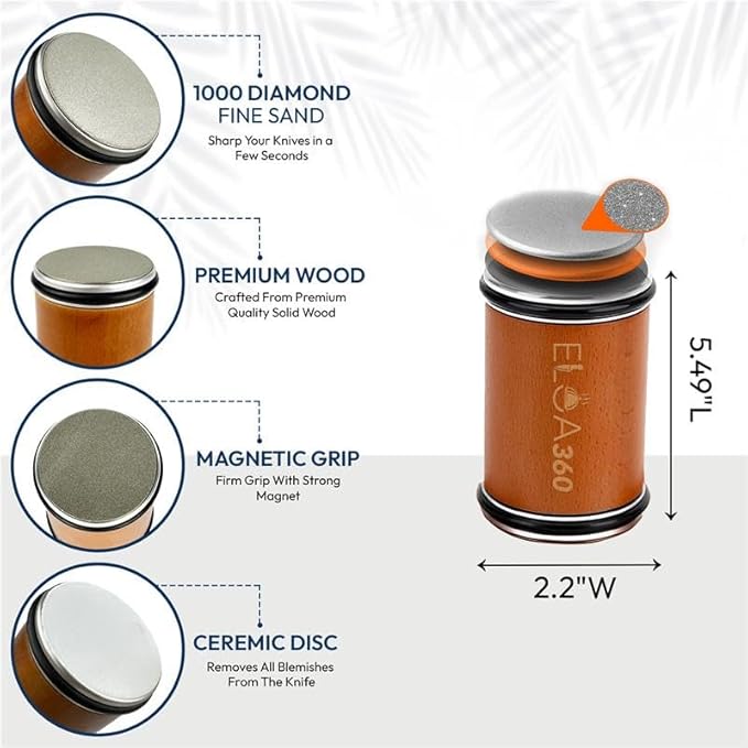 ELOA360 Knife Sharpener, Rolling Knife Sharpener Kit with Diamond and Ceramic Discs with 15° and 20° Magnetic Angle, kitchen knife sharpener, Razor-Sharp knife sharpening Tool (Stainless Steel)