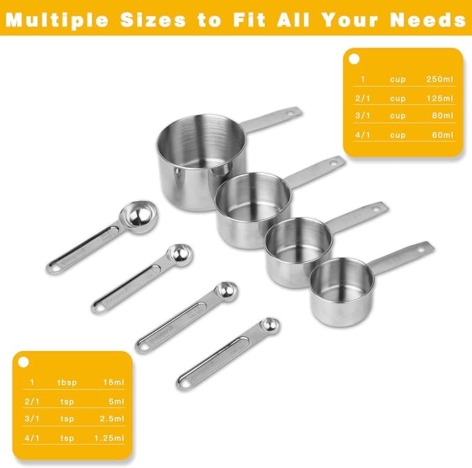 Stainless Steel Measuring Cups and Spoons Set, 8 Piece Essential Kitchen Tools, Measuring Kitchen Gadgets with Good Grips for Spice Jar, Liquid & Dry Ingredients, Pet Food, Coffee Scoop
