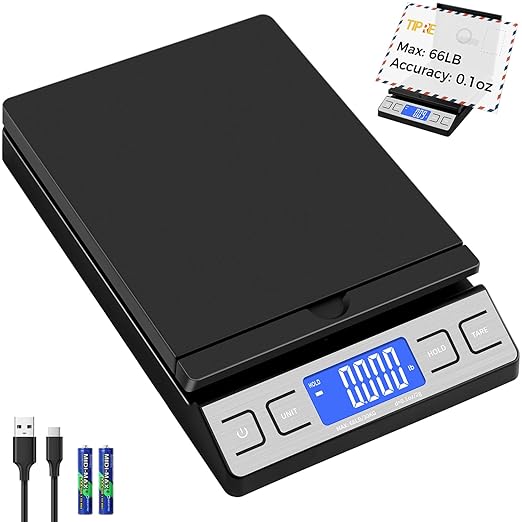 Digital Shipping Postal Scale, Mail Scale with Envelope Flip Holder, 66lb/0.1oz Postage Scale for Package, Small Business, Post Office, Hold&Tare Function, Battery&Type-C Charging Cable - Black