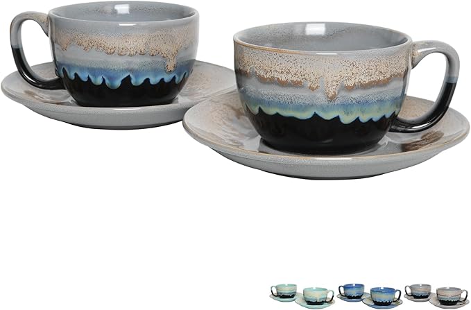 Bosmarlin Ceramic Cappuccino Cup and Saucer Set of 2, 10 Oz, Dishwasher and Microwave Safe, Coffee Cups for Latte, Espresso, Tea, Reavtive Glaze (Grey, 10 oz)