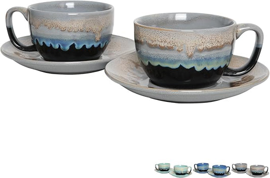 Bosmarlin Ceramic Cappuccino Cup and Saucer Set of 2, 10 Oz, Dishwasher and Microwave Safe, Coffee Cups for Latte, Espresso, Tea, Reavtive Glaze (Grey, 10 oz)