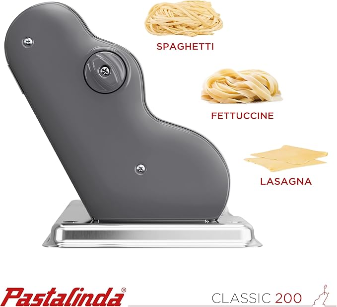 PASTALINDAClassic 200 Pasta Maker Machine, 20 cm Wide Rollers, 9 Thickness Positions, 2 Cutting Positions, Stainless Steel. Includes Reinforced Hand Crank And Two Clamps (Gray)