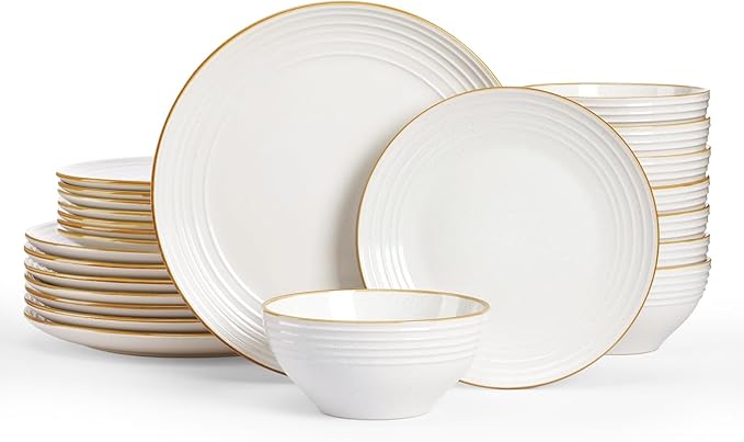 Famiware Jupiter Dinnerware Set, Plates and Bowls Dish Sets for 8 (24 Pieces), Microwave and Dishwasher Safe Stoneware Speckled Tableware, Chip and Scratch Resistant, White