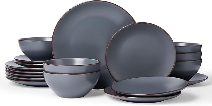 Famiware Venus Plates and Bowls Sets, 18 Pieces Stoneware Dinnerware Sets, Speckled Dishes Set for 6, Microwave and Dishwasher Safe, Matte Charcoal