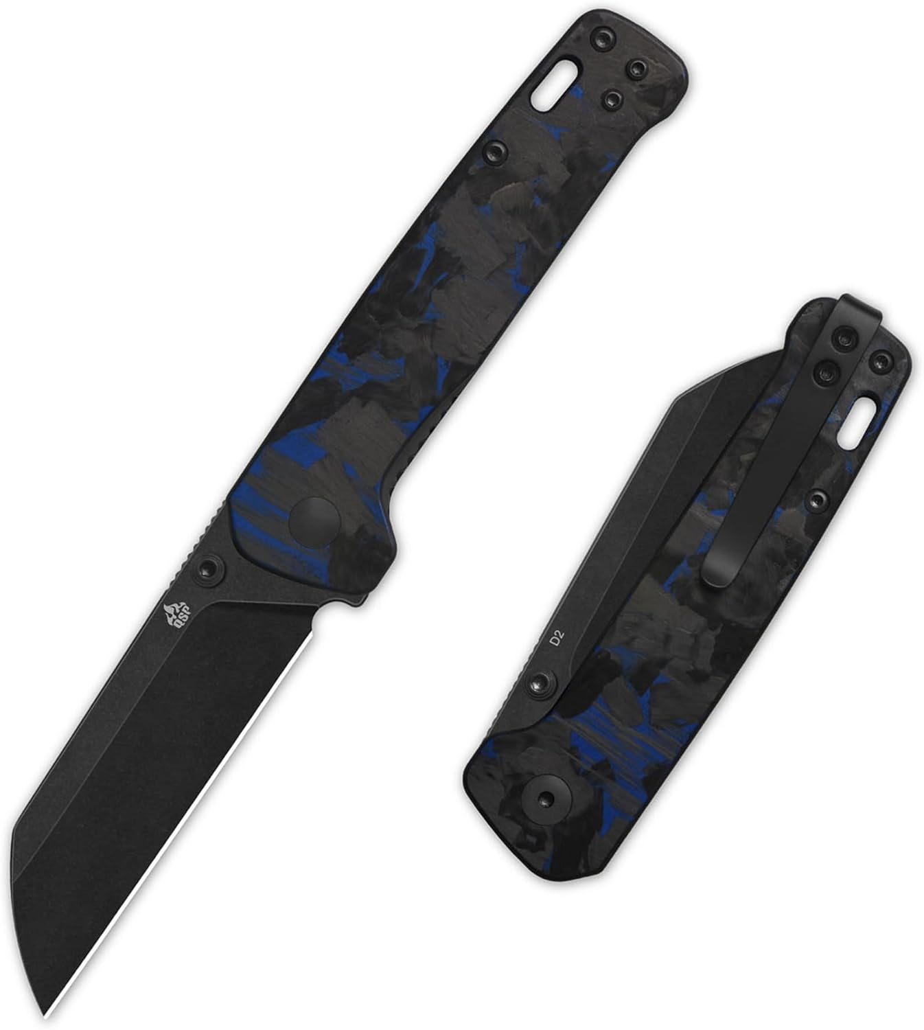 QSP Penguin V2 Folding Pocket Knife, 3.06" D2 Black Stonewash Blade EDC Knife, Blue Shredded CF Overlay G10 Handle, Liner Lock, Ceramic Ball Bearings, Reversible SS Deep Carry Clip
