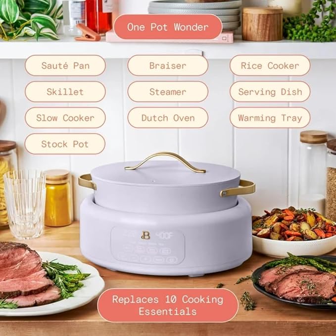 Beautiful 10-in-1 6Qt Electric Multi-Cooker with 7 Presets,Oven-Safe Pot & Lid,Sauté, Steam,Slow Cook,Slow Cooker, Simmer,Rice & More,Touch Display,Dishwasher Safe,Serves Up to 7(Lavender)