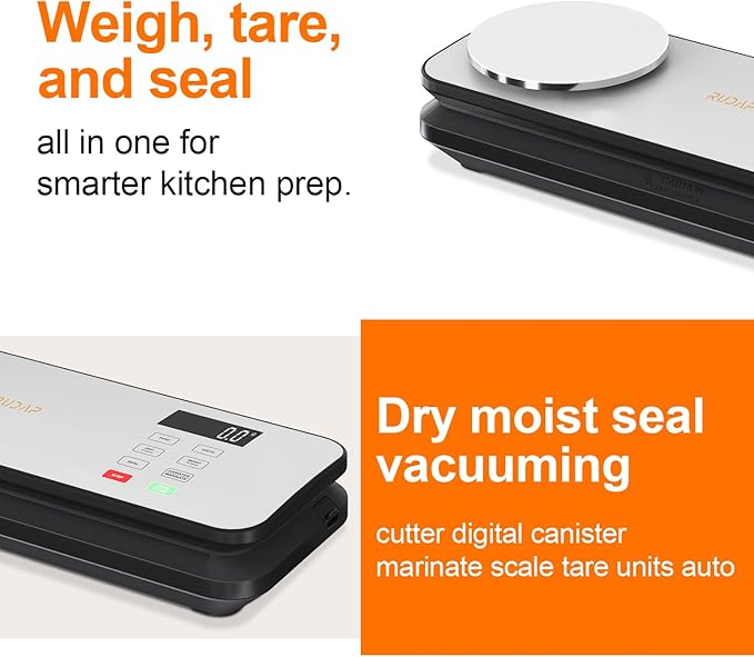 Vacuum Sealer for Food, 90kPA Powerful Food Saver Vacuum Sealer Machine with Digital Kitchen Scale, 12-in-1 Food Vacuum Sealer with Dry & Moist Food Modes, 10 pcs & 1 Roll Vacuum Bags, Starter Kits