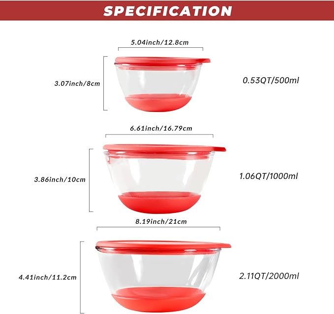 Glass Mixing Bowls Set of 3 with BPA-Free Airtight Lids, Large Nesting Bowls with Non-Slip Silicone Base, Ideal for Food Storage, Dishwasher & Microwave Safe, Sizes: 2, 1, 0.5 QT Red
