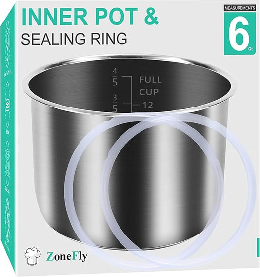 Inner Pot for Instant Pot 6 Qt, with 2-Pack 100% Silicone Sealing Ring Replacement Pot for InstaPot Cooking Pot Stainless Steel (Equivalent to IP-POT-SS304-60) Nonstick Pot 6Qt Liner