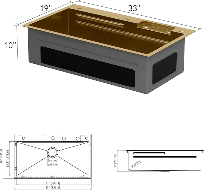 Lordear 33 Watefall Gold Kitchen Sink Drop In 33x19x9 Inch Topmount Sink Stainless Steel 16 Gauge Single Bowl Multifunctional Workstation Sinks with Built-in Accessories