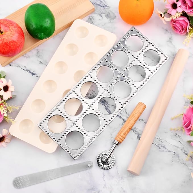 Ravioli Mold Set Include Ravioli Stamp Roller Wheel Wood Rolling Pin Pasta Making Tools Kit Pelmeni Mold Pierogi Press Maker Press Cutter, for home and restaurant