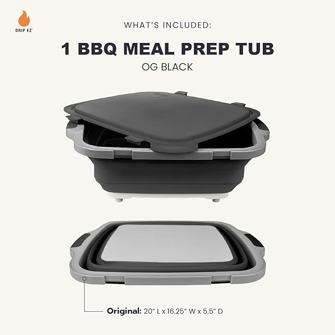 Drip EZ Collapsible BBQ Prep Tub- for Meal Prep Marinating Food Storage - Includes Cutting Board & Locking Lid - (1) OG - Black