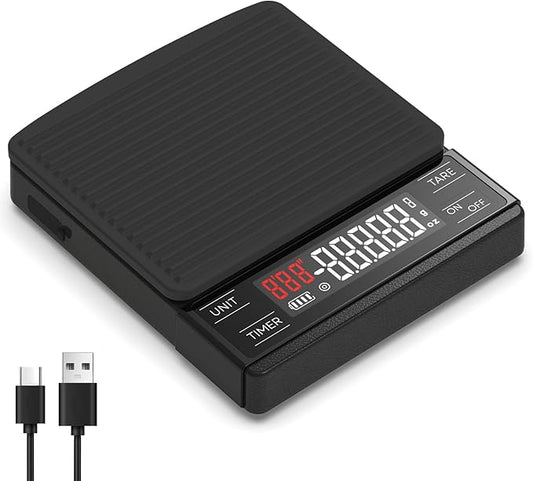 MAXUS Coffee Scale with IP65 Waterproof Design, USB Rechargeable 1000mAh Battery, Espresso Scale with Timer 2kg/0.1g High Precision, Ideal for Brewing and Pour-Over Coffee