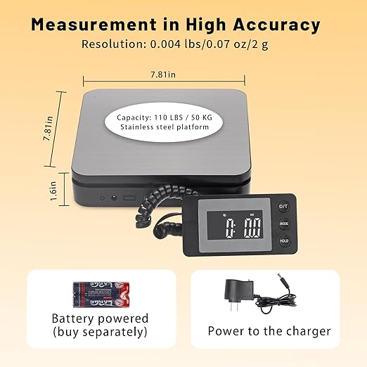 110 LBS Digital Postal Scale, Stainless Steel Shipping Scale for Packages with 5 Weighing Modes, Tare & Hold Functions, AC Adapter Included