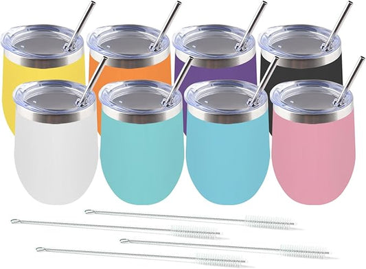 Amtidy 8 Pack Powder Coated Stainless Steel Tumbler with Lid,Equipped with straw and straw brush，12 oz Double Wall Vacuum Insulated Travel Tumbler Cup for Coffee, Wine, Cocktails