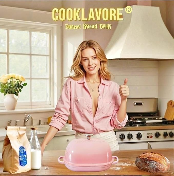 Cast Iron Bread Oven,6 QT Bread Oven,Thick Enameled Loaf Pan with Lid,Bread Pans for Homemade Bread,14.5"Dutch Oven for Bread Baking,Dutch Oven-with Silicone Baking Mat&Recipe,Gifts for Family,Pink