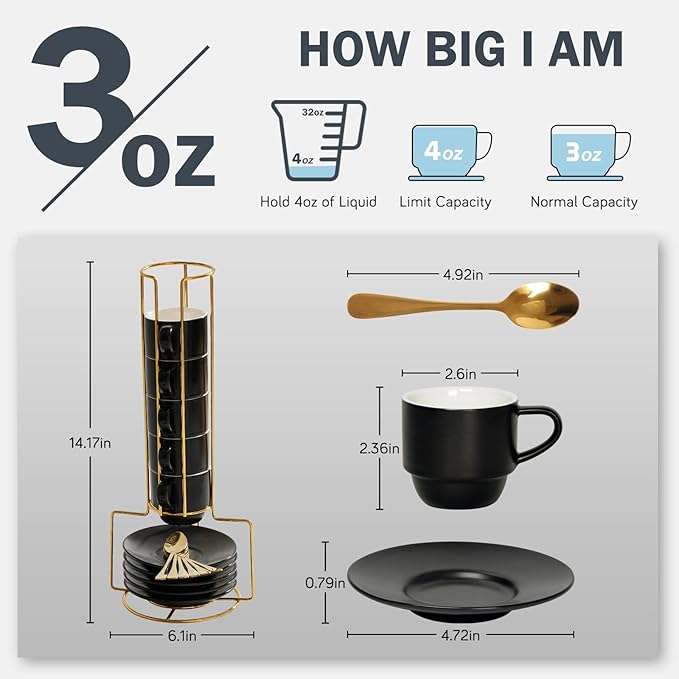 Lareina Porcelain 3-Ounce Espresso Cups Set of 6, Small Stackable Coffee Cups with Saucers, Spoons and Metal Stand - Ceramic Demitasse Mugs, Double Shots Expresso Cup, Matte Black