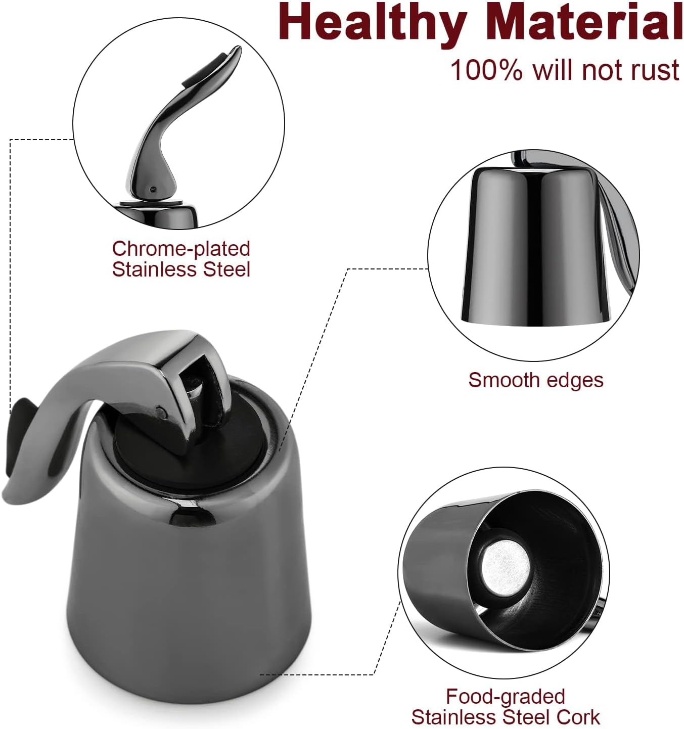 Wine Stoppers with Stainless Steel Vacuum Stopper and Silicone Reusable Corks, Leak Proof Keeps Wine Fresh, Suitable for Red & White Bottles (Black, 1 Pack)