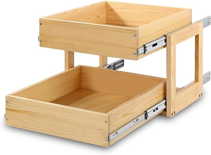 Pull Out Cabinet Organizer, 23''W×21''D×16''H Soft Close Slide Out Wood Drawer Shelves Storage for Kitchen, 2-Tier, Finished, Heavy-Duty, Bottom Assembly