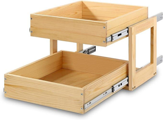 Pull Out Cabinet Organizer, 23''W×21''D×16''H Soft Close Slide Out Wood Drawer Shelves Storage for Kitchen, 2-Tier, Finished, Heavy-Duty, Bottom Assembly