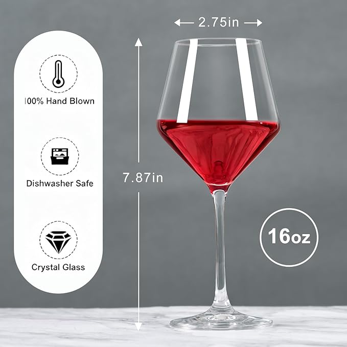 Hand-Blown Crystal Wine Glasses Set of 4, 16OZ, Long Stem Glasses for Red and White Wine, Christmas and Wedding Gifts (4)