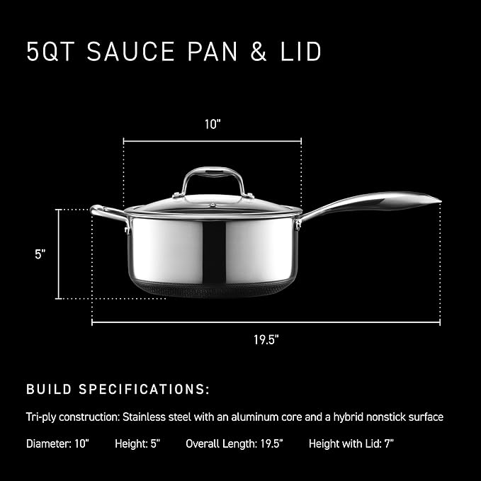 HexClad Hybrid Nonstick 5-Quart Saucepan with Tempered Glass Lid, Stay-Cool Handle, Dishwasher-Friendly, Oven-Safe Up to 900°F, Induction Ready, Compatible with All Cooktops