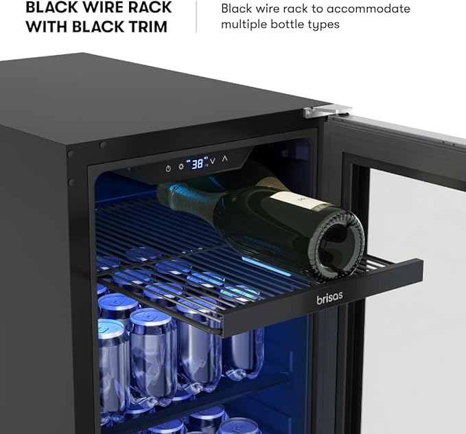 Zephyr Brisas 15 Inch Slim Beverage Fridge Single Zone Under Counter - Narrow Mini Wine & Drink Cooler Small Cabinet Wine Refrigerator Home Bar Freestanding with Glass Door - 4 Bottles, 64 Cans