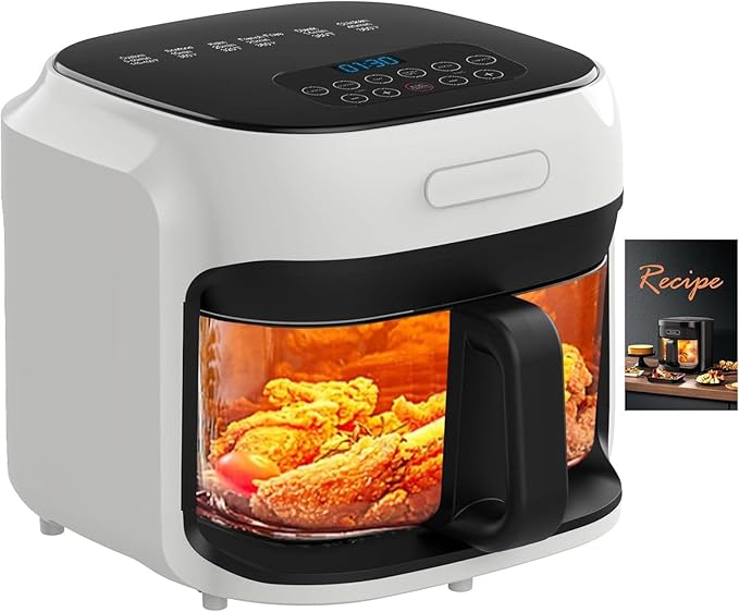 7.4QT Air Fryer with Glass Bowl, Visible Window Lid, Digital Control, 360° Rapid Air Circulation, for Healthy Oil-Free Cooking & Baking, Dishwasher Safe, Nonstick, Easy Clean (White)