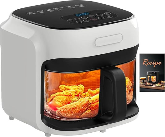 7.4QT Air Fryer with Glass Bowl, Visible Window Lid, Digital Control, 360° Rapid Air Circulation, for Healthy Oil-Free Cooking & Baking, Dishwasher Safe, Nonstick, Easy Clean (White)