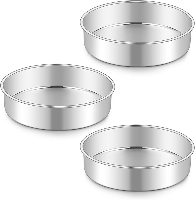 Homikit Round Cake Pan Set of 3, 8 Inch Stainless Steel Layer Cake Tins for Baking, Mirror Finish Bakeware for Wedding Birthday Baby Shower Party, Oven & Dishwasher Safe