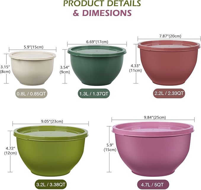 Plastic Mixing Bowls with Lids Set for Kitchen, Nesting Bowls for Mixing, Baking, Prepping, Cooking and Serving Food (5 Set-Purple)