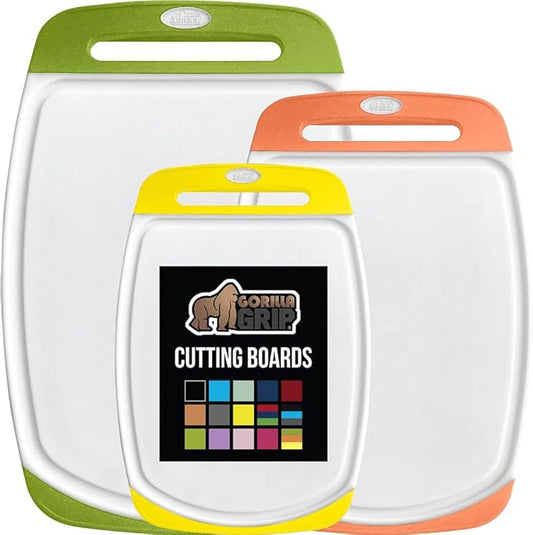 GORILLA GRIP BPA-Free Reversible Kitchen Cutting Board Set of 3 US Designed, Nonporous, Juice Grooves Catch Liquid, Slip Resistant Border, Dishwasher Safe Large Food Chopping Boards, Lime Orange Lemon