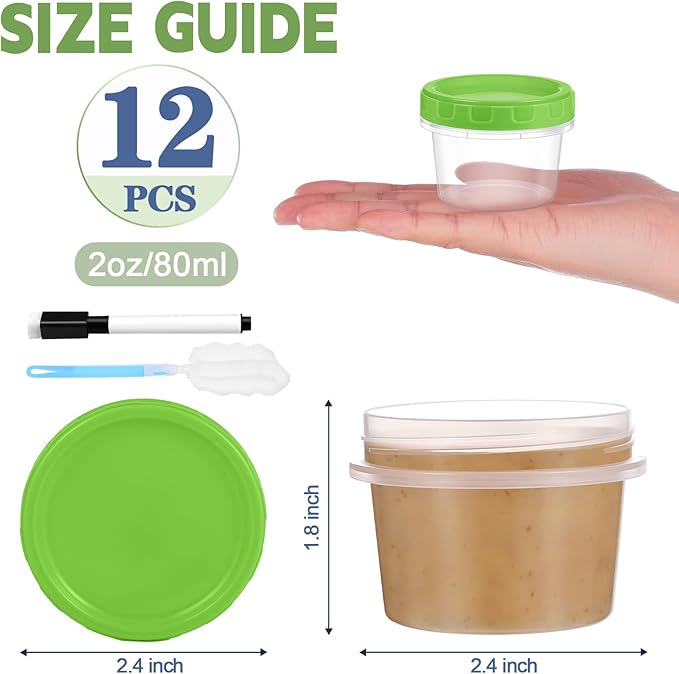 2 oz Small Plastic Containers with Lids, 12 Pack Salad Dressing Container, Reusable Condiment Containers Sauce Cups, with Pen and Brush, Freezer, Microwave & Dishwasher Safe
