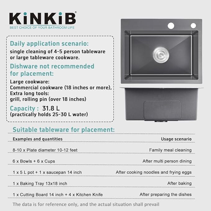 20 × 16 inch Drop-in Kitchen Sink Black, Top-mount Stainless Steel Kitchen Sink Single Bowl, Overmount Kitchen Bar Sink Single Basin