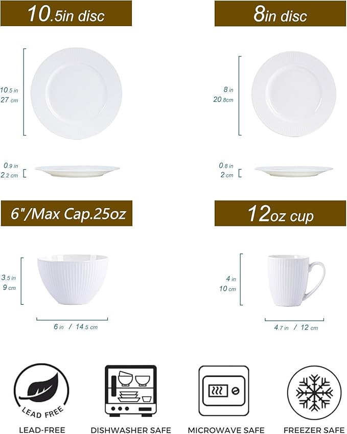 16 Pcs White Dinnerware Sets for 4, Ceramic Plates and Bowls Sets with Mugs, Dishwasher and Microwave Safe - Embossed Stripe Decro, Elegant Kitchen Dish Sets, QOMO-1996