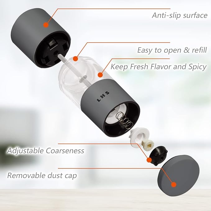 LHS Premium Salt and Pepper Grinder Set, Stainless Steel Salt Pepper Shaker Set, Refillable Pepper Grinder and Salt Mill with Adjustable Coarseness for Kitchen Use - 4.6 Inches(2-Pack, Grey & Black)